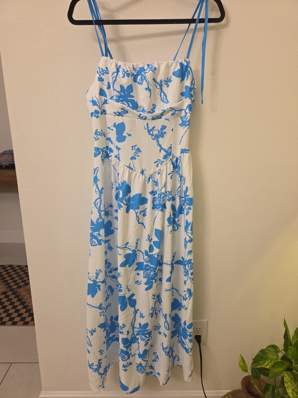 Blue & White Floral Maxi Dress with Thin Straps - Picture 2 of 2